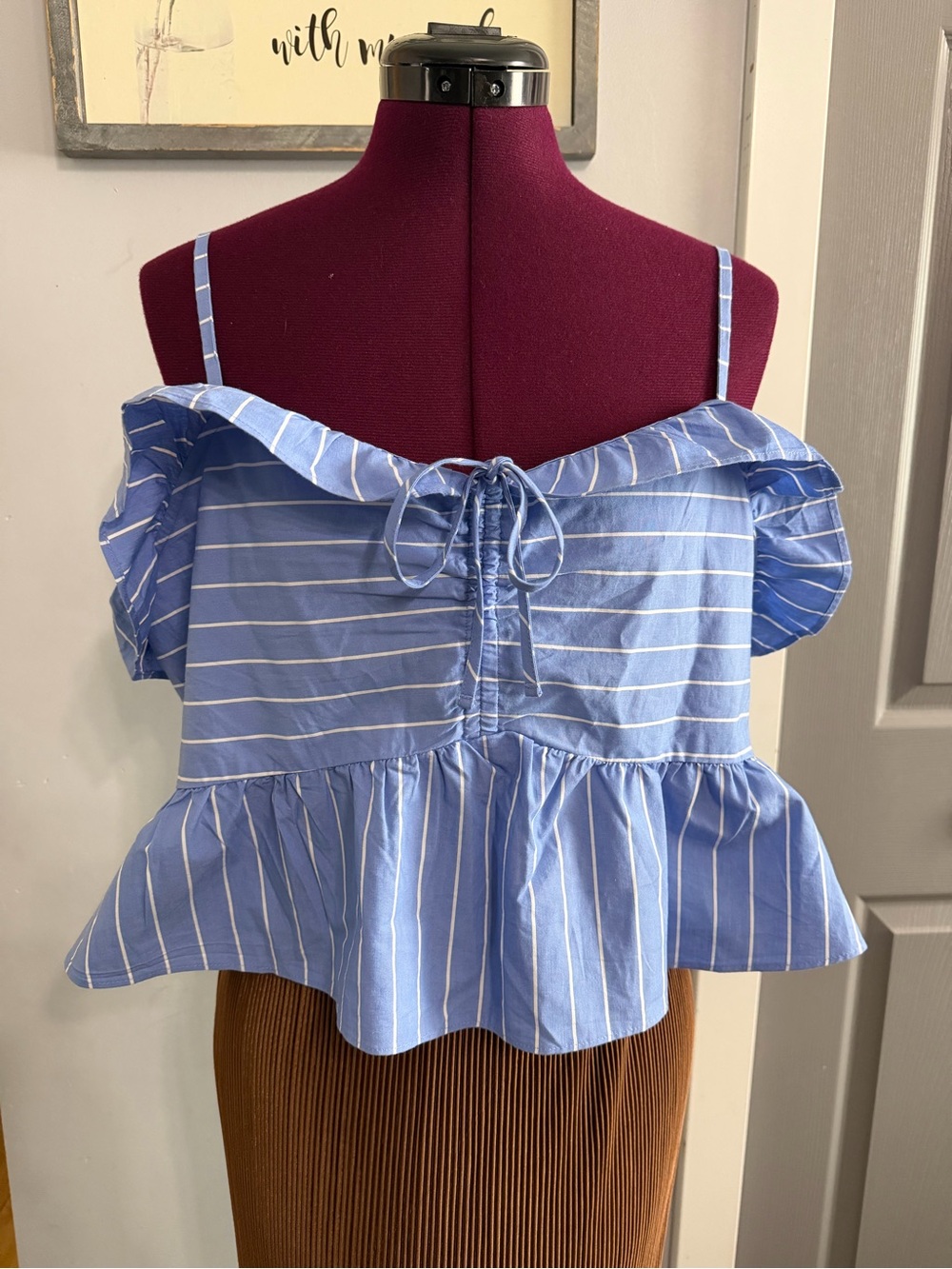 Express Light Blue & White Striped Off-Shoulder Peplum Camisole